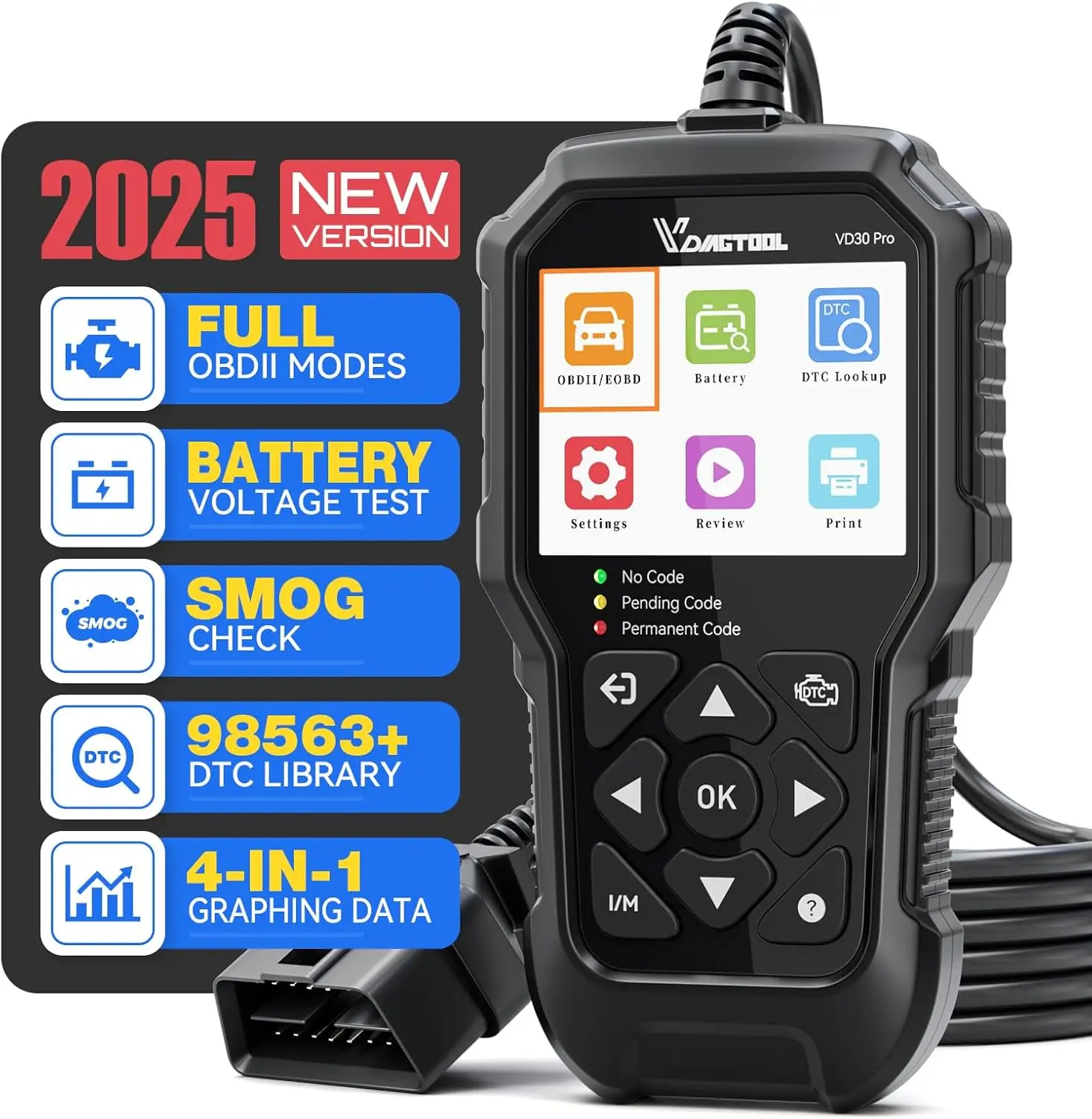 VD30 Pro OBD2-Scanner, Auto-Codeleser mit Reset für alle OBDII-Fahrzeuge