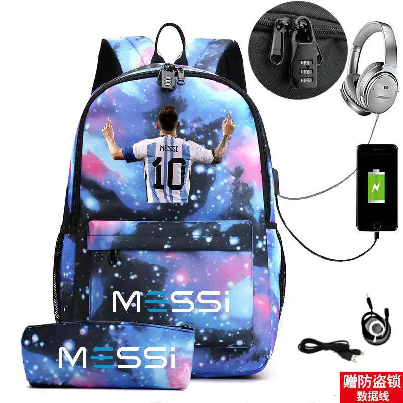 Messi Backpack Lightweight Laptop Male Casual USB Youth Travel Backbag Teens Outdoor Sport Bag Student Schoolbags