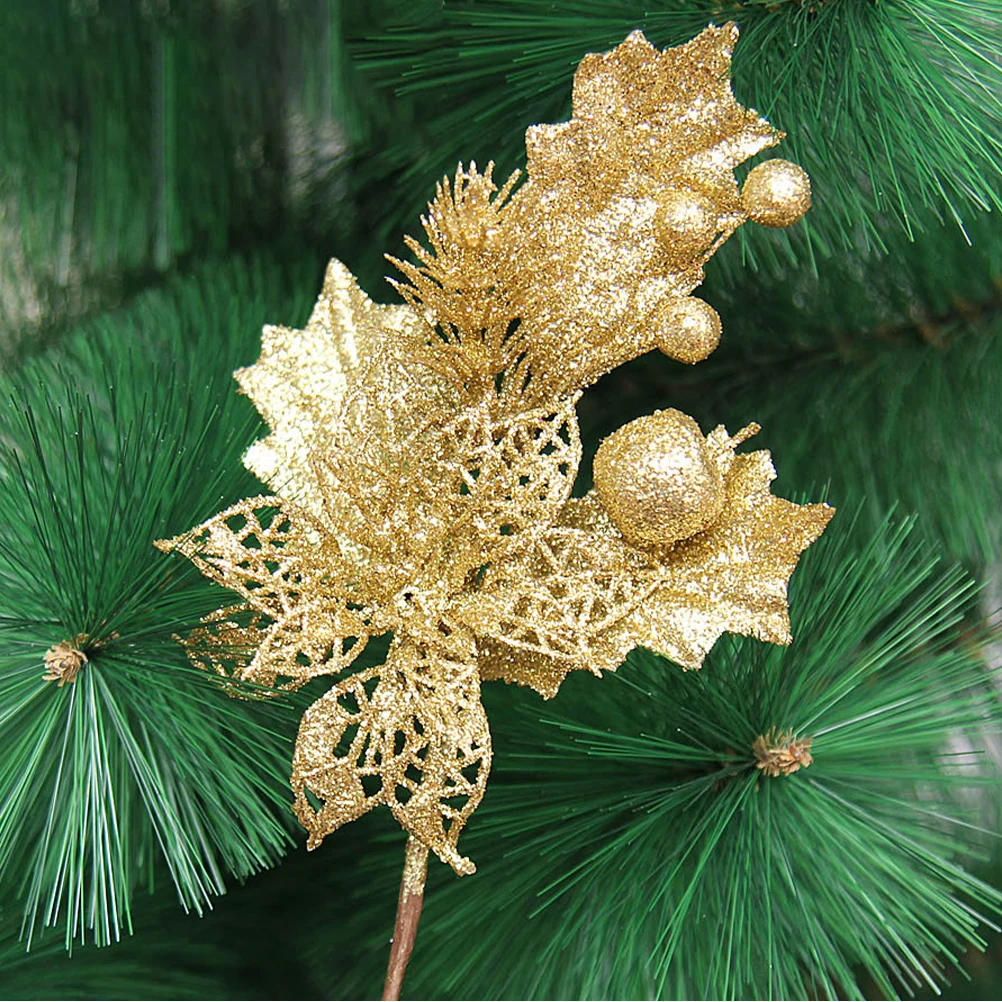 

5Pcs Christmas Picks Artificial Glitter Leaves for Xmas Tree Wreath Decorations Centerpiece Arrangement Supplies