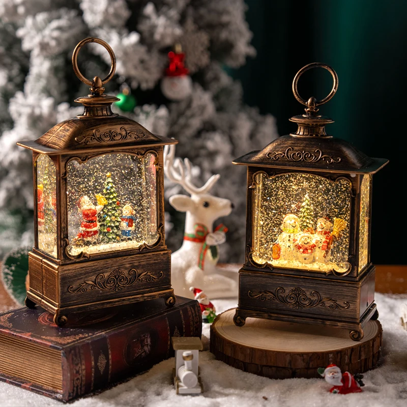 

Christmas decorations Santa snowman glowing music box store front desk atmosphere