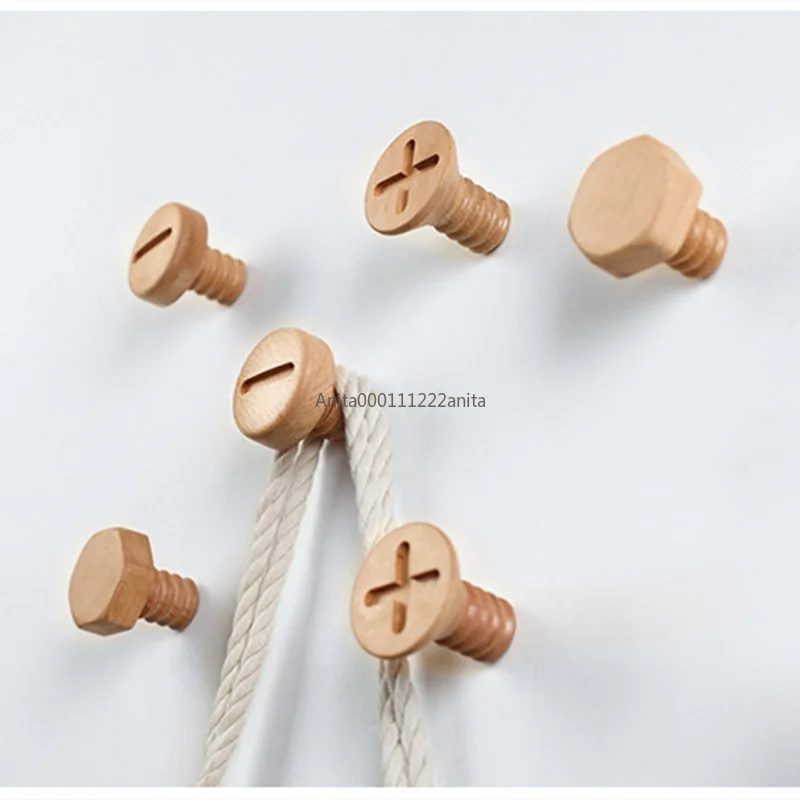 Nordic Style Wood Hooks Screw Shape Natural Beech Wood Black Walnut Wood Clothes Coat Hooks  Key Holder Wall Key Hanger