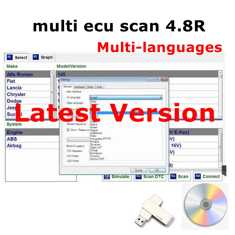 Perangkat lunak 4.8 Pindai Multi Ecu untuk konektor Fiat perbaikan Data otomatis bekerja dengan ELM327 Mult/iEcu/Scan V4.6 4.7 terdaftar tidak terbatas