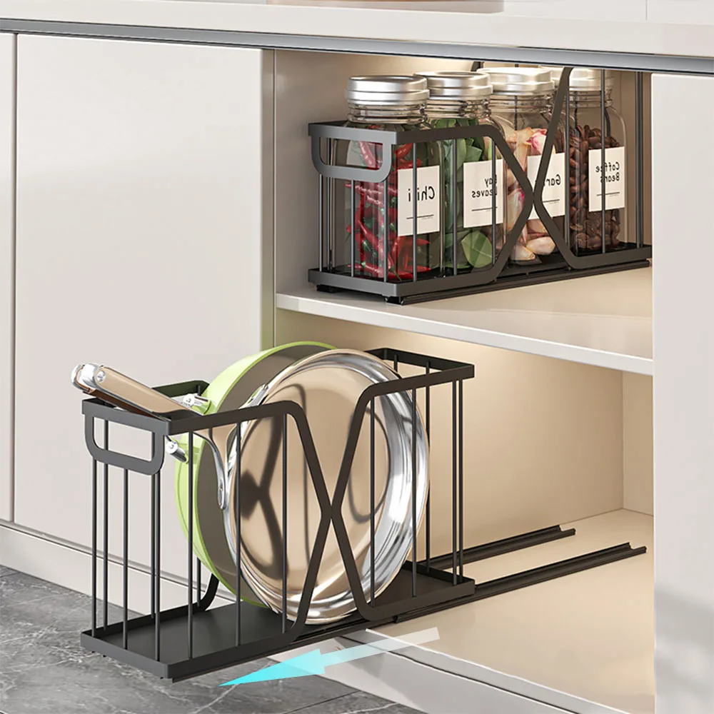 Lot de 2 paniers de rangement coulissants, étagère de rangement de cuisine avec rails, pour condiments, poêles et planches à découper