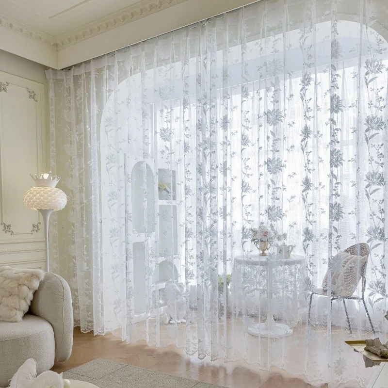Custom Size Luxury Small Fresh Dreamy Jacquard Sheer White Gauze Curtains for Living Dining Room Bedroom Tulle Elegant Decor