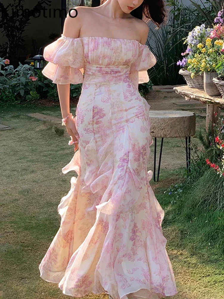 

Arazooyi шифоновое платье на одно плечо с пышными рукавами и цветочным принтом, женское летнее платье с тонкой талией и рюшами, вечерние пляжные длинные платья с открытой спиной