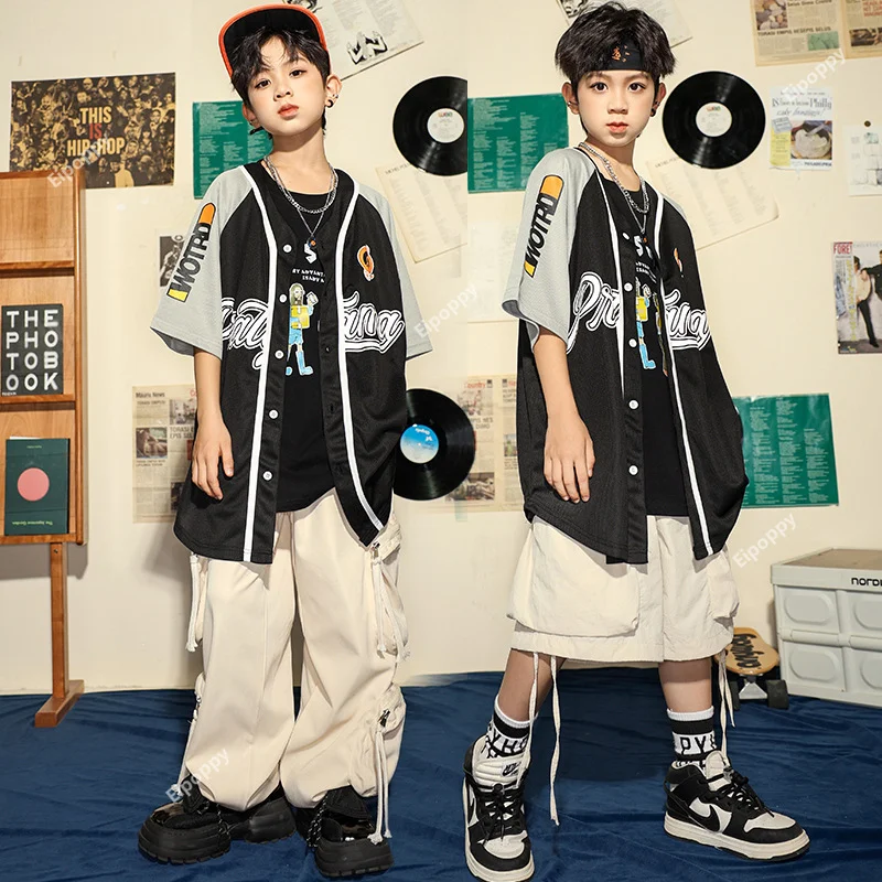 Hip Hop Boys Loose Baseball Jacket Cargo Pants Girls Streetwear Coat Street Dance Shorts Child Jazz Clothes Sets Kids Costumes