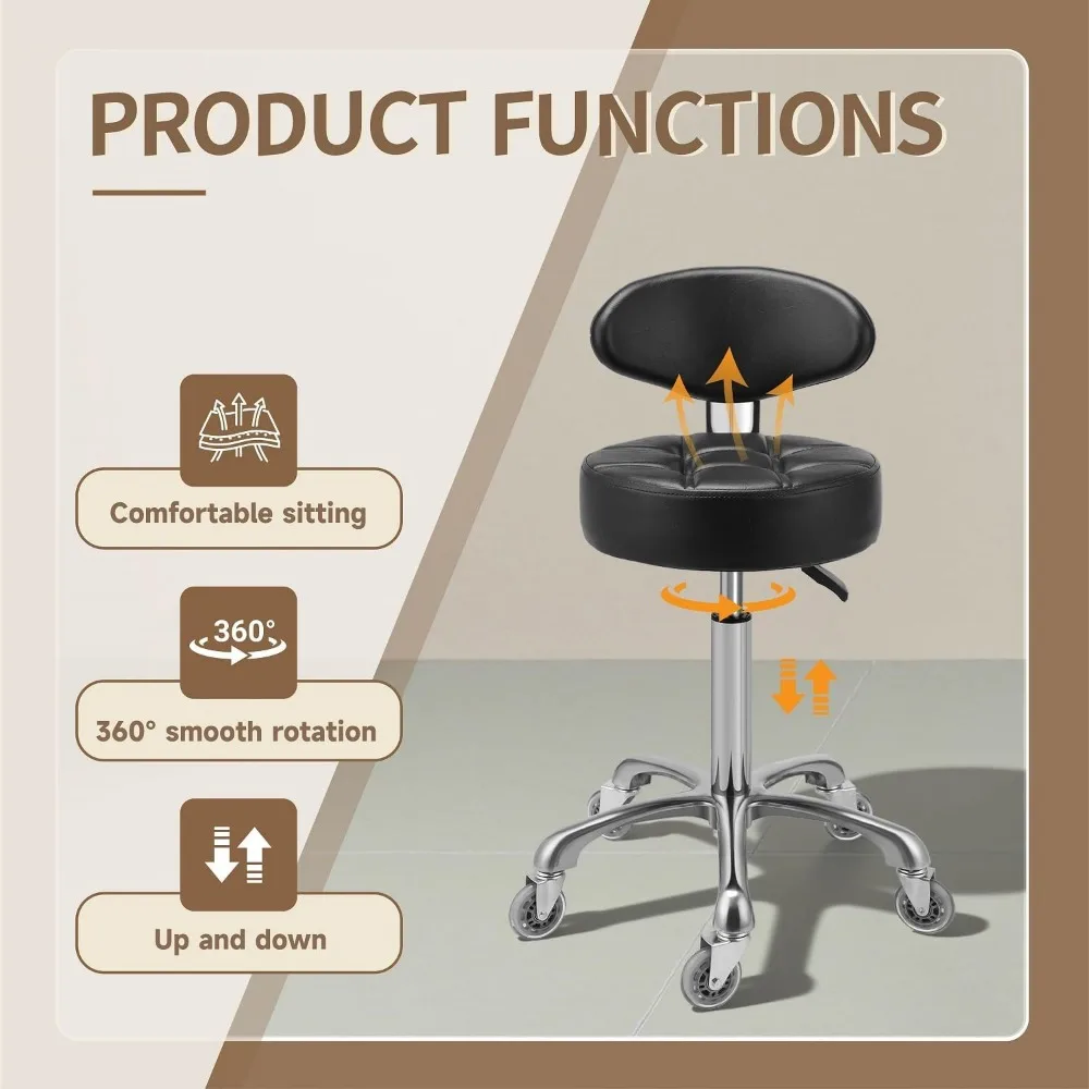 Adjustable Height Swivel Stool Chair with Back Rest, Heavy Duty Rolling Metal Stool for Kitchen Salon Bar Office