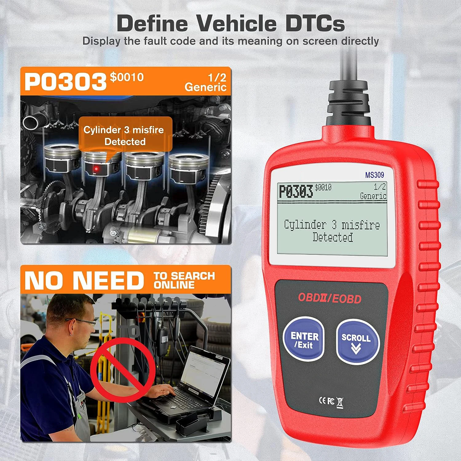 MS309 Multi-Language Automotive Engine Error Code ReaderCheck Engine Light and Emissions Monitoring StatusOBD2 CAN Scan Tool