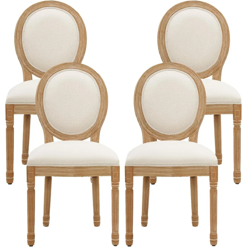 French Country Dining Chairs Set of 4, Upholstered Dining Room Chairs with Round Back Farmhouse Kitchen Chairs for Living Room,