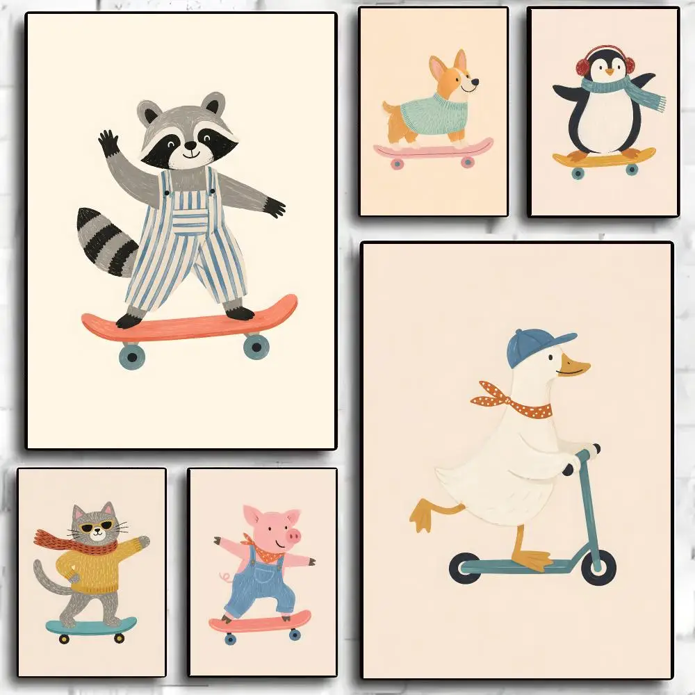 Cartoon skate animal nursery Poster Advanced Aesthetic Self-adhesive Printing Paper Wall Art for Living Room Home Decor