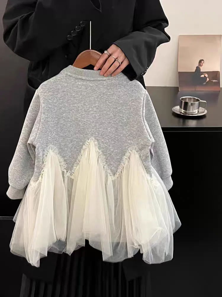 Spring Autumn Sweet Sequin Mesh Panel Sweatshirt Dress Princess Skirt with Butterfly Knot for Girls Trendy Clothing