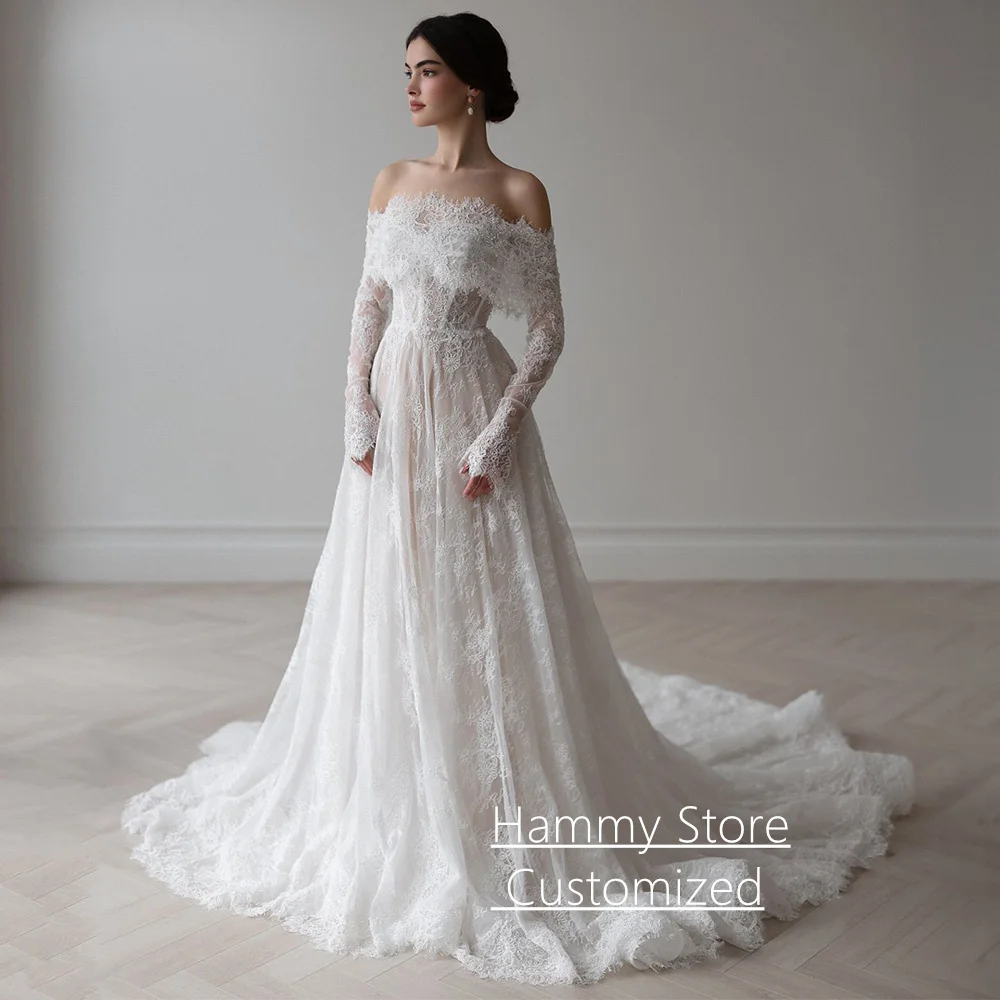 Exquisite Arabian Lace Wedding Dress Customized Off The Shoulder Long Sleeves Pearls A Line Corset Arab Bridal Gown