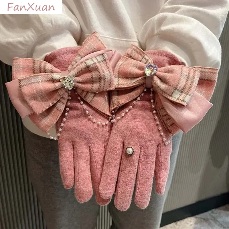 Women Gloves Autumn Winter Cashmere Thickened Plush Plaid Big Bowknot Elegant Gloves Ladies Female Gift