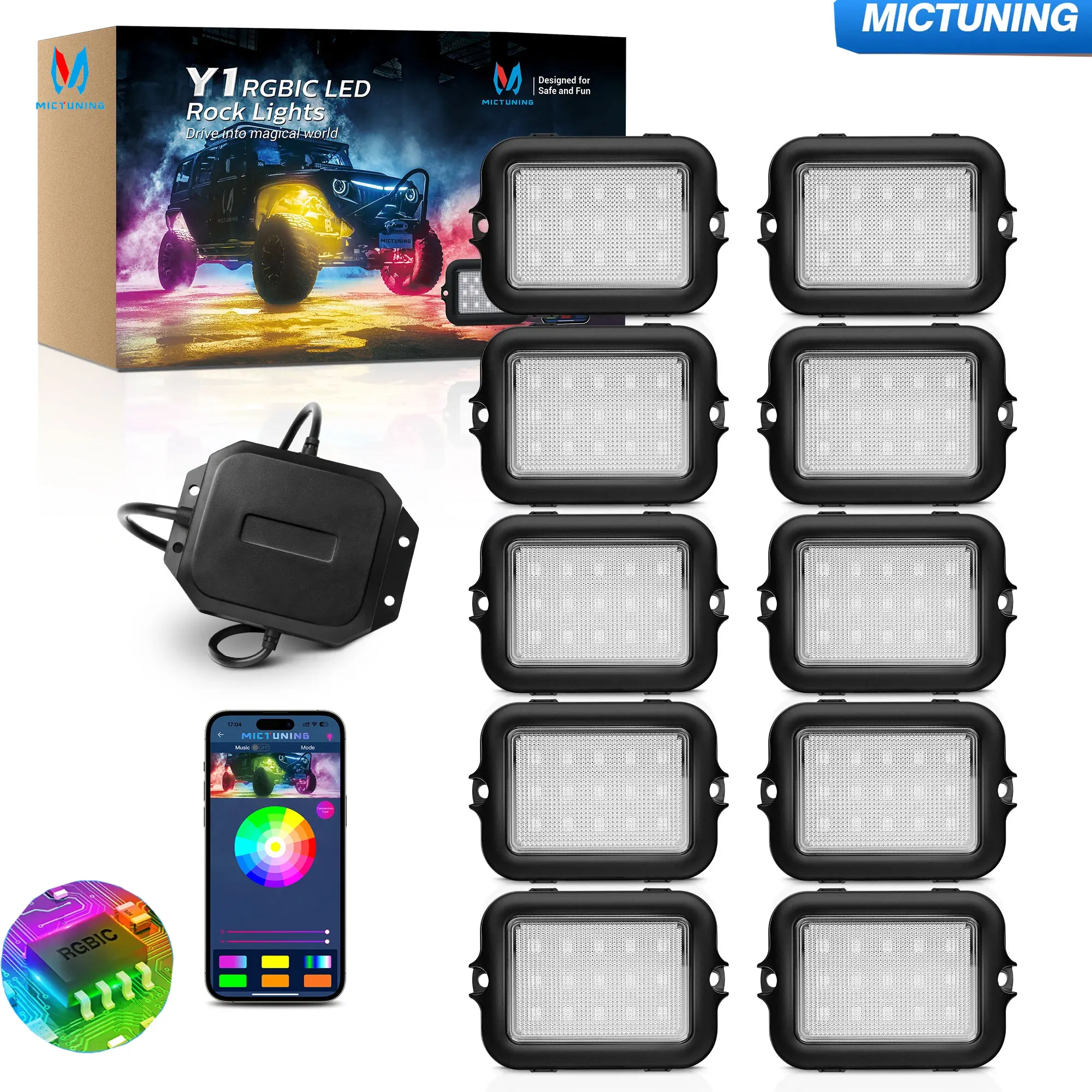 MICTUNING 10 pods RGB IC LED Rock Lights Kit Chasing Color Multicolor Neon Underglow Lighting Kit with Wireless APP Control DIY