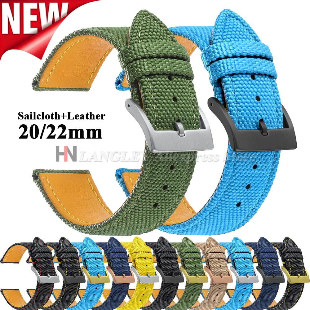 20mm 22mm Waterproof Sailcloth Watch Strap Two-Sided Nylon Leather Watch Band Canvas Sport Men Women Release Universal Bracelets