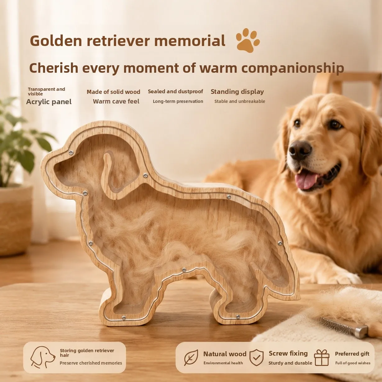 Golden Retriever Hair Memorial Photo Frame Ornament, DIY Pet Hair Keepsake Frame, Fur Memorial Desktop Display Stand For Dog