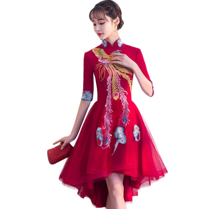 Burgundy Wedding Party Cheongsam Oriental Evening Dress Chinese Traditional Womens Elegant Qipao Sexy Satin Robe Retro Vestido