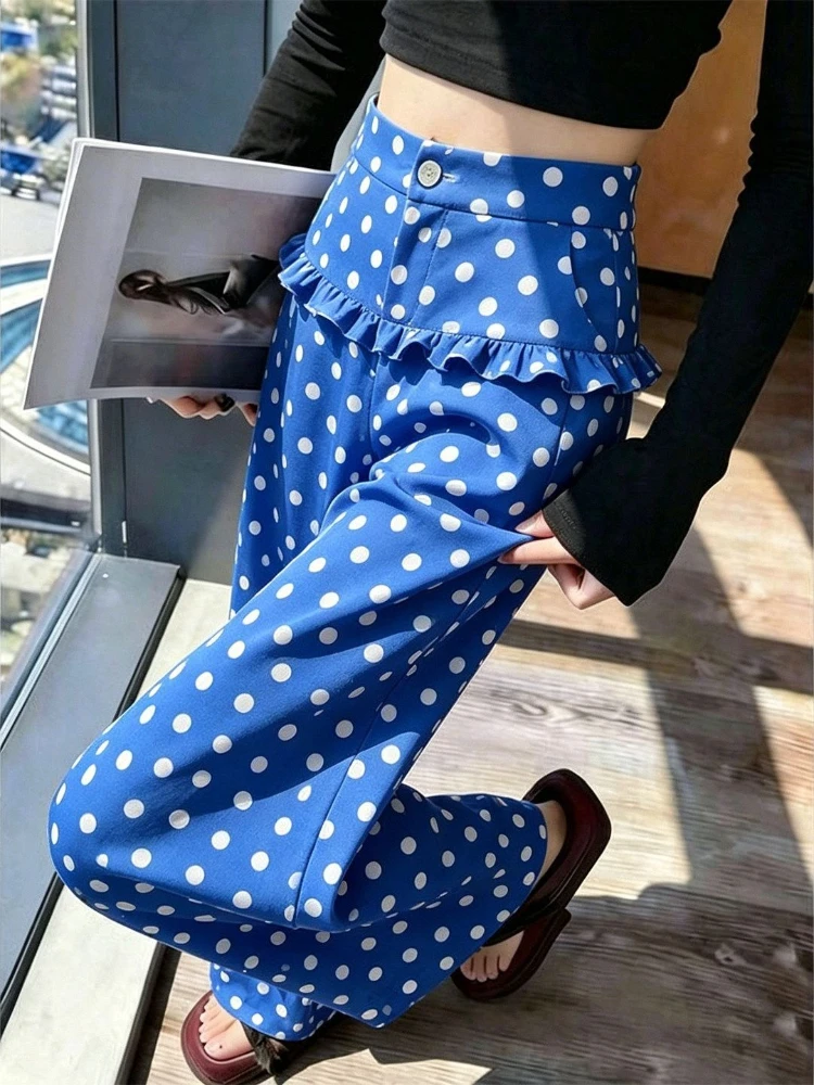 Casual Polka Dot Simple Office Lady Wid Leg Pants Loose Lazy Premium Straight Trousers Slim Two Pieces Sweatpants