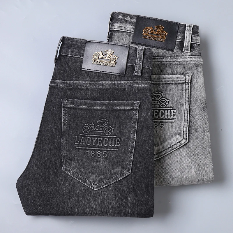 Jeans grigio fumé pantaloni da lavoro casual all-match alla moda con stampa tridimensionale alla moda elasticizzata Slim Fit da uomo