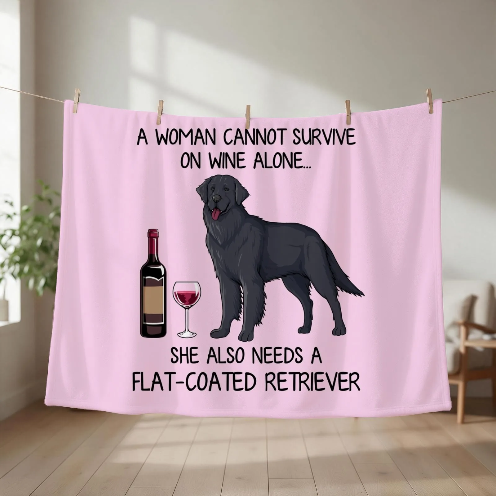 Flat-Coated Retriever and wine Funny gift for dog mom Throw Blanket Hairy Summer Warm Plaid on the sofa Blankets