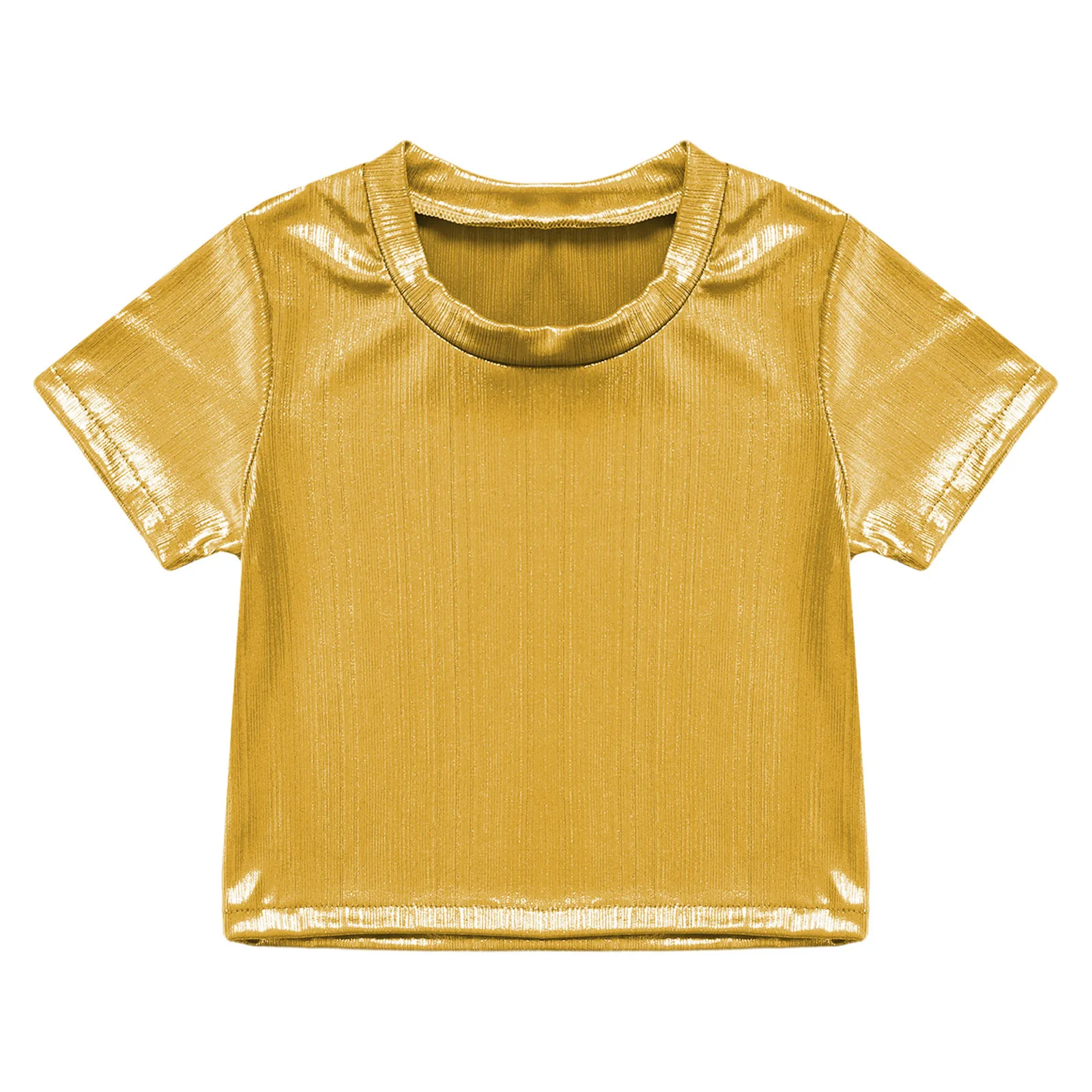 

Kids Girls Metallic Crop Top Round Neck Tops Short Sleeve T-shirt for Hip-Hop Jazz Dance Cheerleading Costume Stage Performance