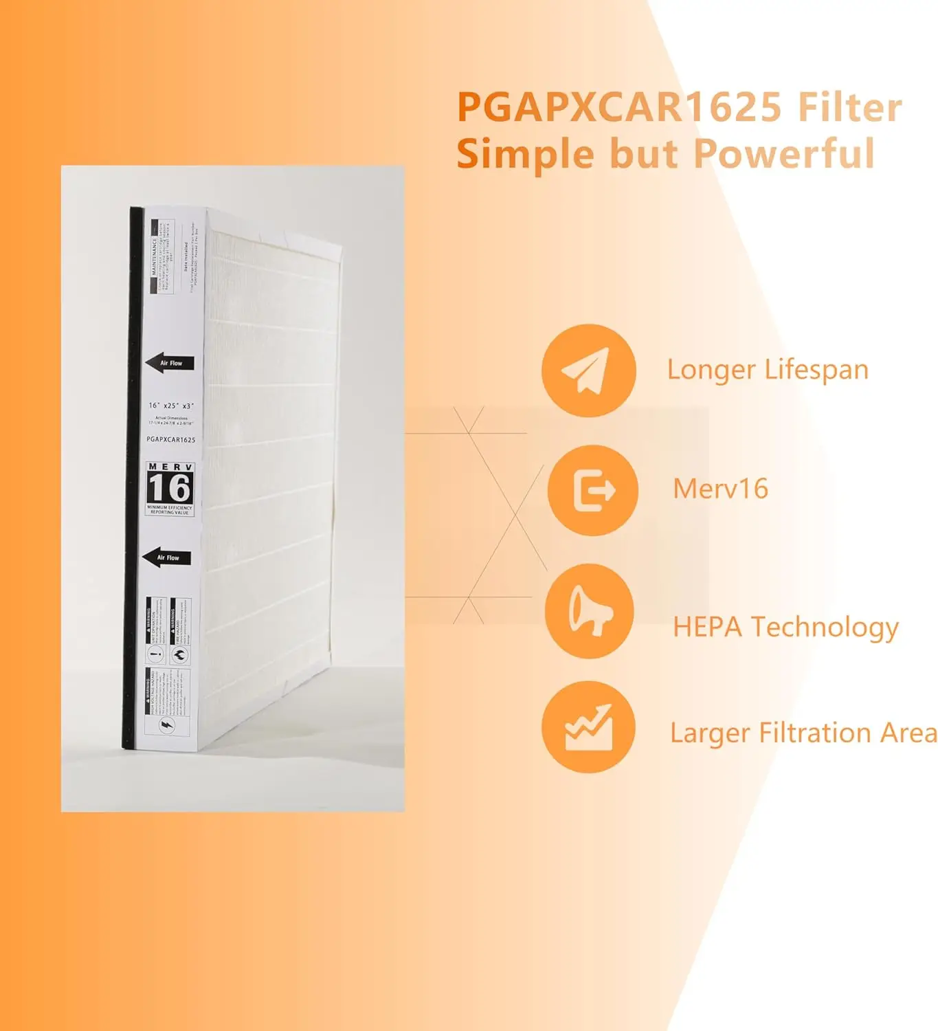 Replacement Filter (16x25x3in) - Compatible with Bryant/Carrier part PGAPXCAR1625，