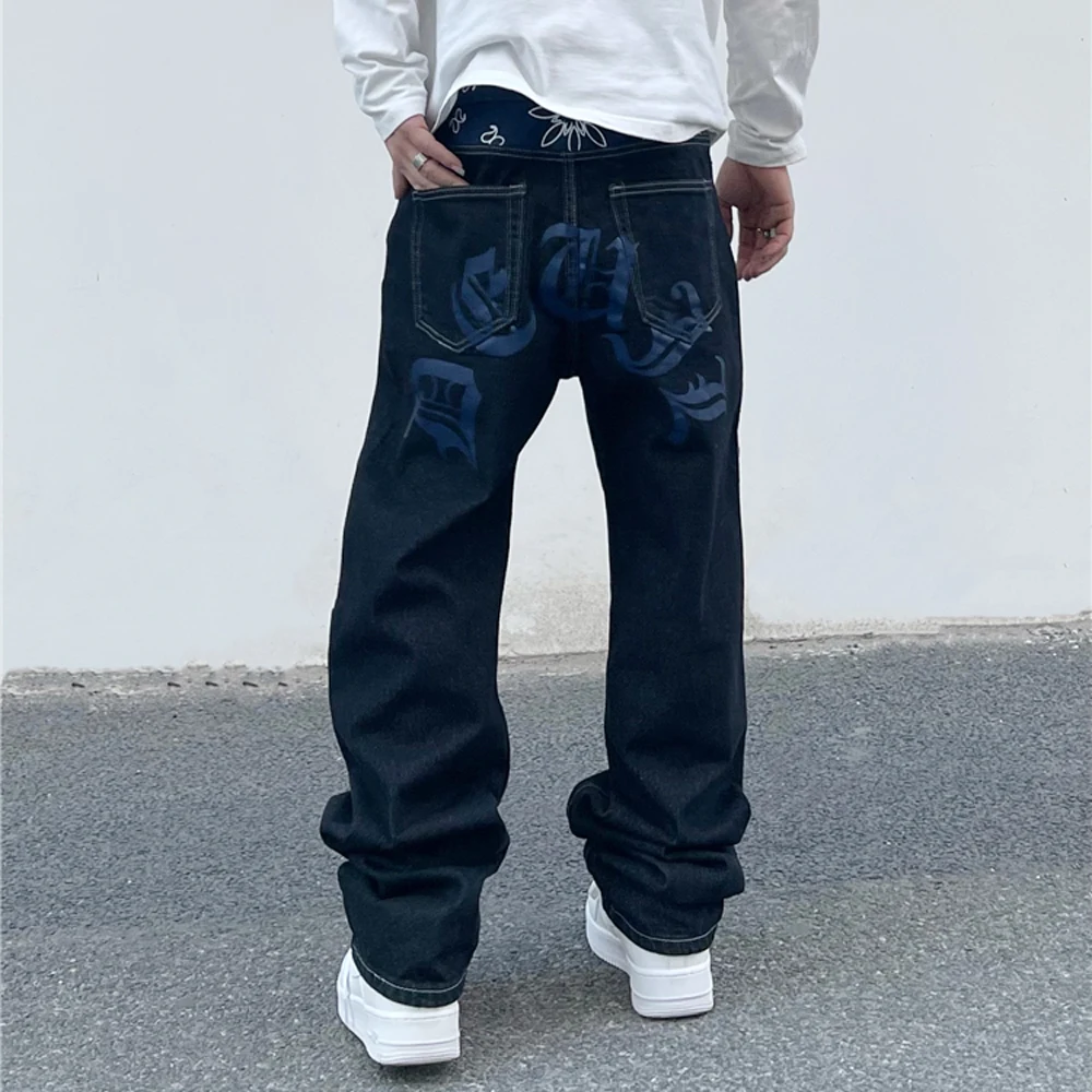 Black Jeans Men Letter Print Color Block Loose Thin Vaqueros Straight-leg Hip Hop High Street Fashion Denim Pants Young Trousers