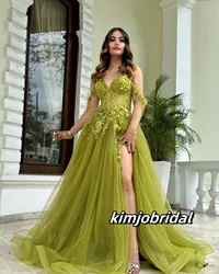 Olive Green Off the Shoulder Corset Prom Dresses Long for Women 2025 with Slit Lace Appliques Illusion Tulle Formal Evening Gown