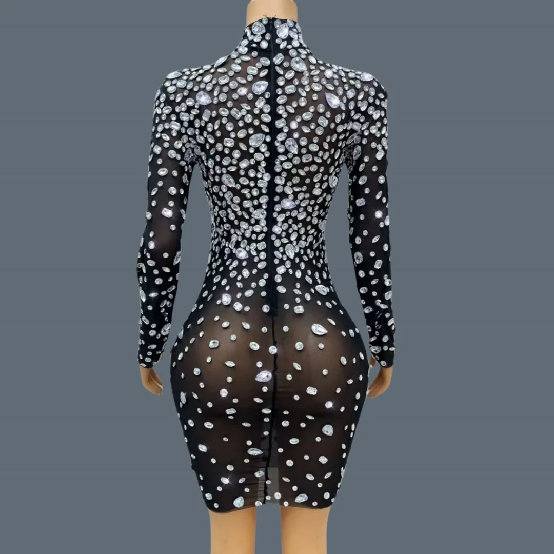 New Design High Collar Long Sleeve Black Mini Dress Nightclub Party Bright Crystal Sheer Mesh Birthday Skinny Dress Dashuijing