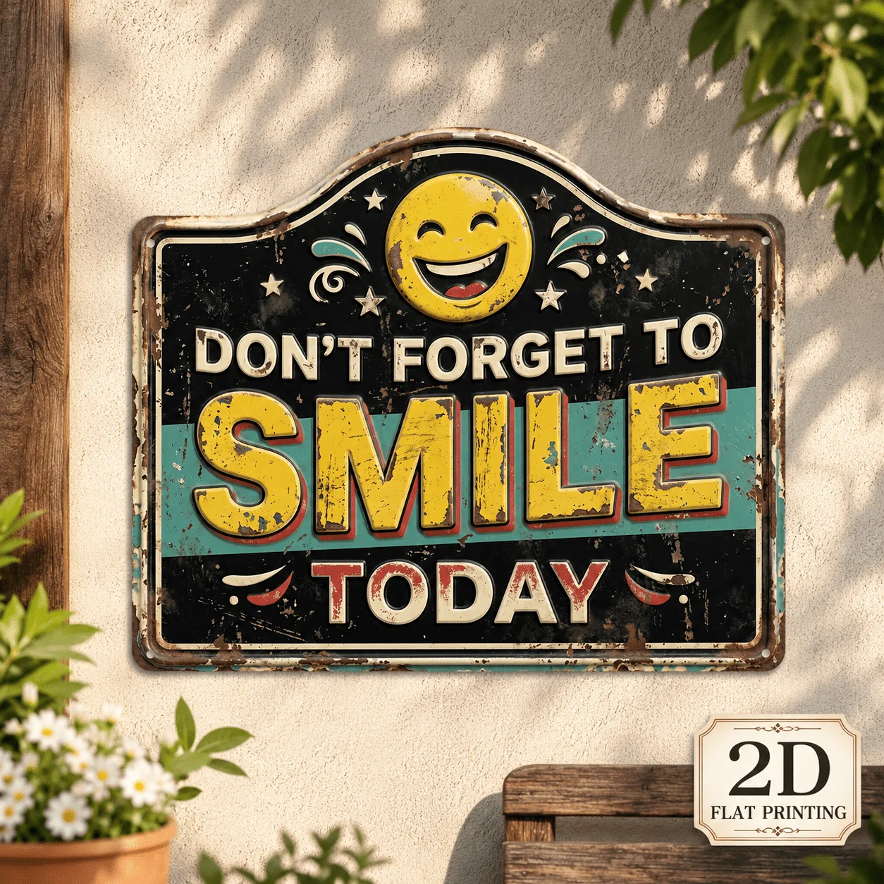 2D Flat - 1pc, Smile Sign, Inspirational Plaque, Positive Decor, Outdoor Decor, Aluminum Sign(12'X9.8'), Garden Sign, Patio Sign