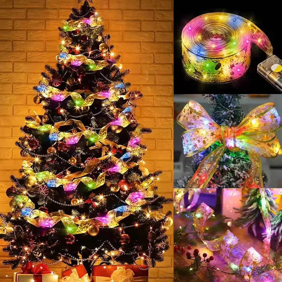 1-10M Christmas Bow Decoration Golden Christmas Ribbon Fairy String Lights for Home Party Christmas Tree and Gift Decor