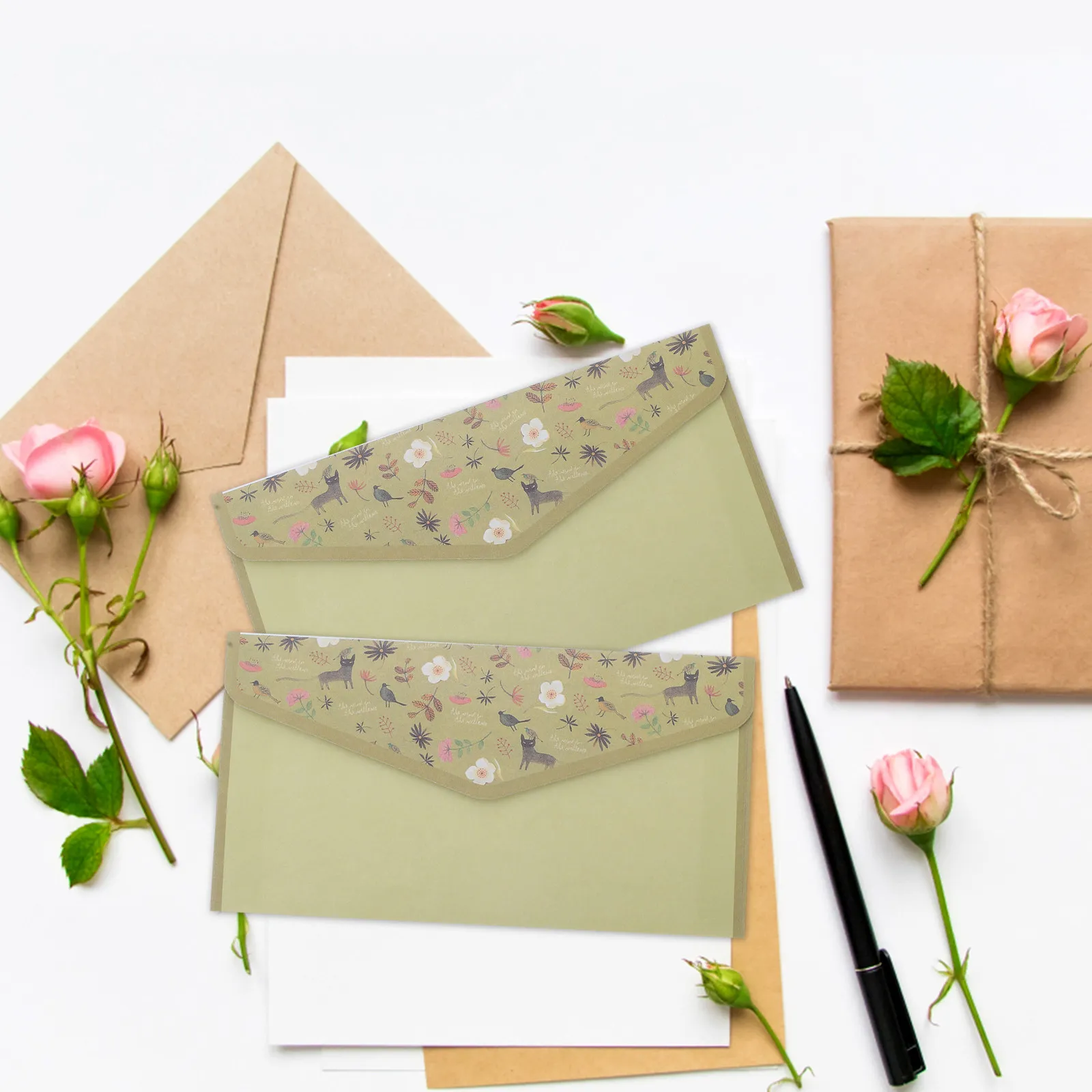 1Set Lined Letter Paper and Envelopes Vintage Floral Stationery Set Olive Wedding Invitations Personal Notes