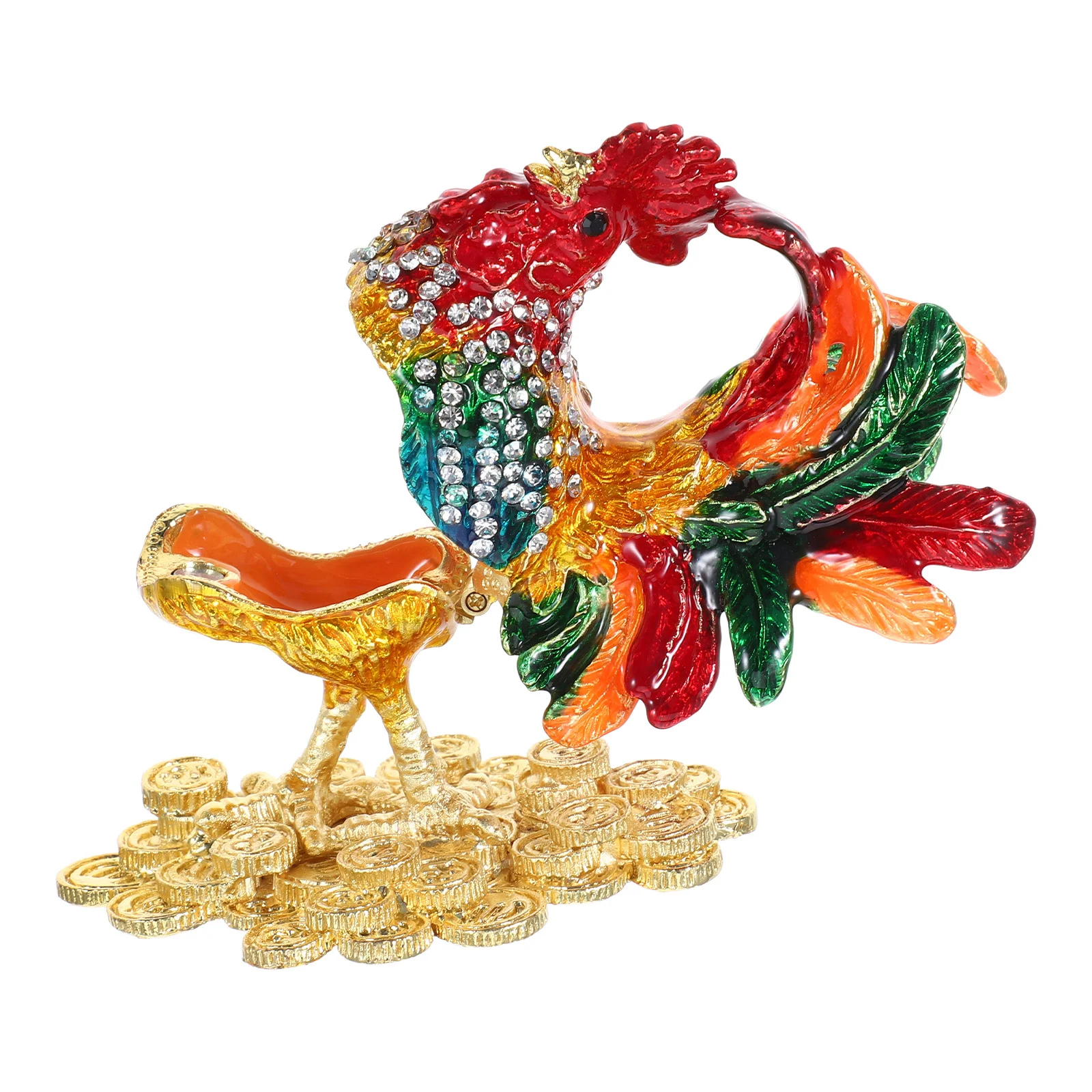 

Rooster Shaped Jewelry Box Hand Painted Zinc Alloy Hinged Trinket Container Functional Decorative Piece for Room Accent Display
