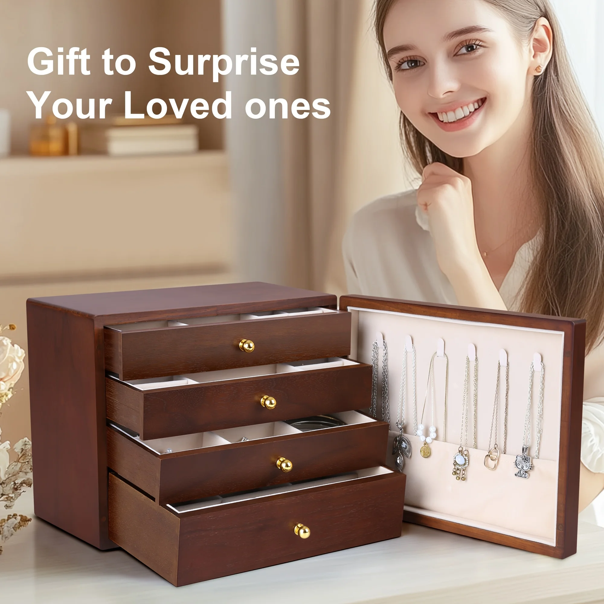 

Ladies' Wooden Jewelry Box, Four-Tier Wooden Jewelry Organizer with Side Opening Door, Single-Door Jewelry Display Stand