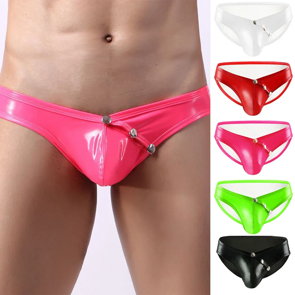 

Hot 2022 Faux Leather Briefs Mens Convex Pouch Underpants Solid Color Thong G String Pants Men Gay Underwear Sissy Panties Pink