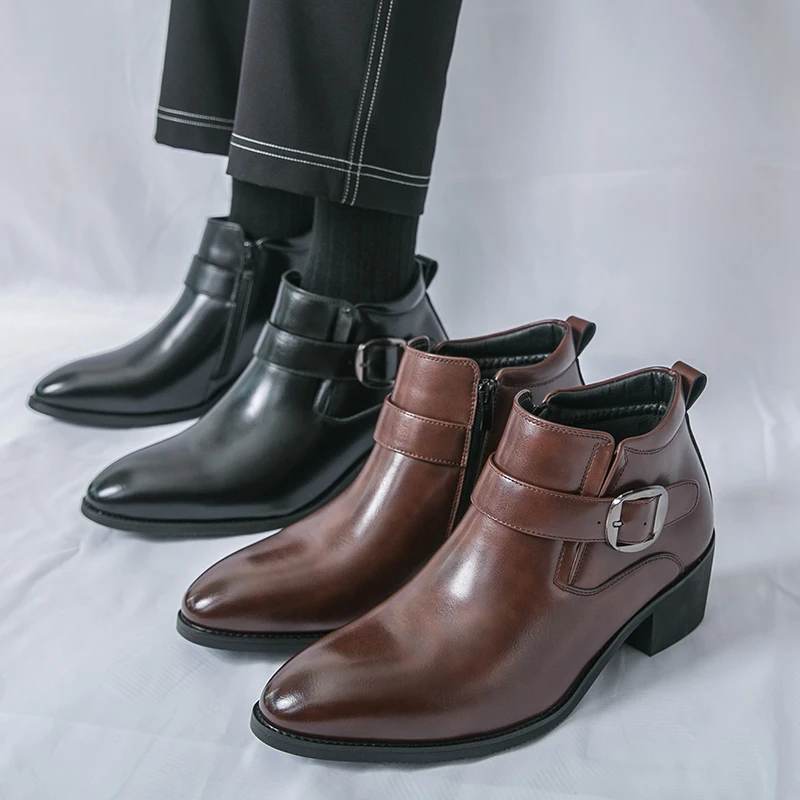 

Business Men Fashionable Ankle Boots Black Brown High-top Side Zipper Fashionable Buckle Boots Gentleman's Social Boots Men