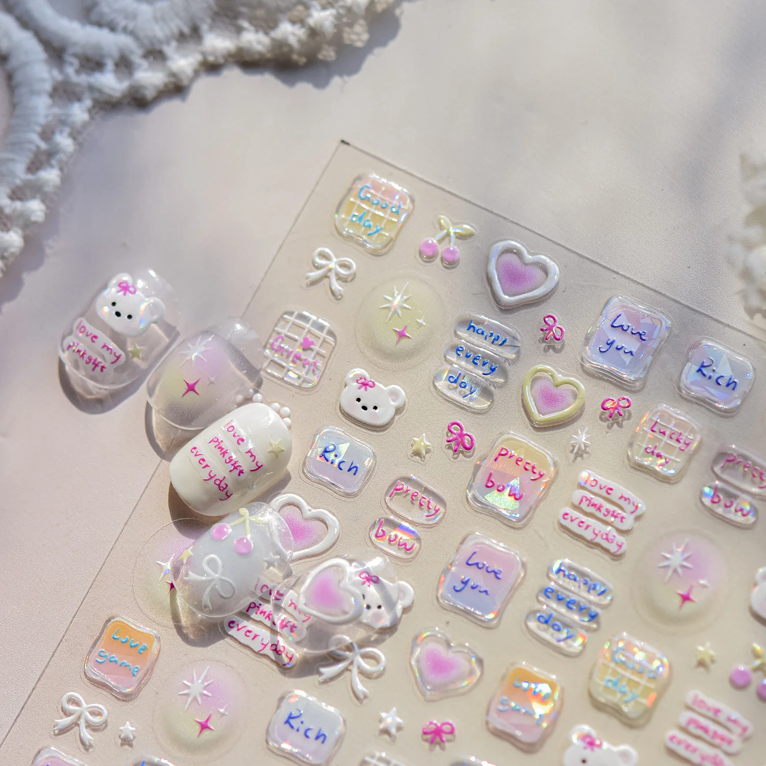 1 Stück 5D Süßer Welpe Glücklicher Tag Niedliche Kirsche Stern Rosa Liebesherz Hübsche Schleife Nagelkunst-Aufkleber Selbstklebende Maniküre-Dekoration