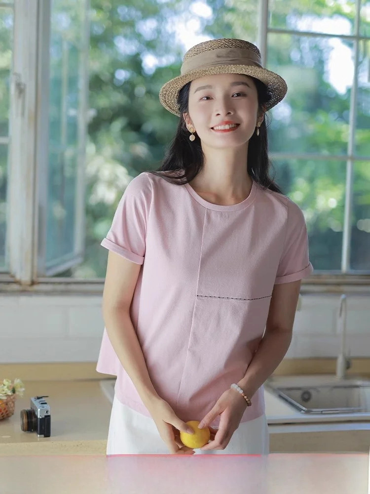 

Женская футболка свободного кроя с круглым вырезом и коротким рукавом, повседневная, летняя, новинка, красно-розового цвета, универсальная, удобная, топ