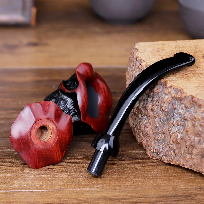 Lady Mini Tobacco Pipe Hand-Carved Flower Type Smoking Pipe Black Background Red Stripes With Black Cumberland Stem