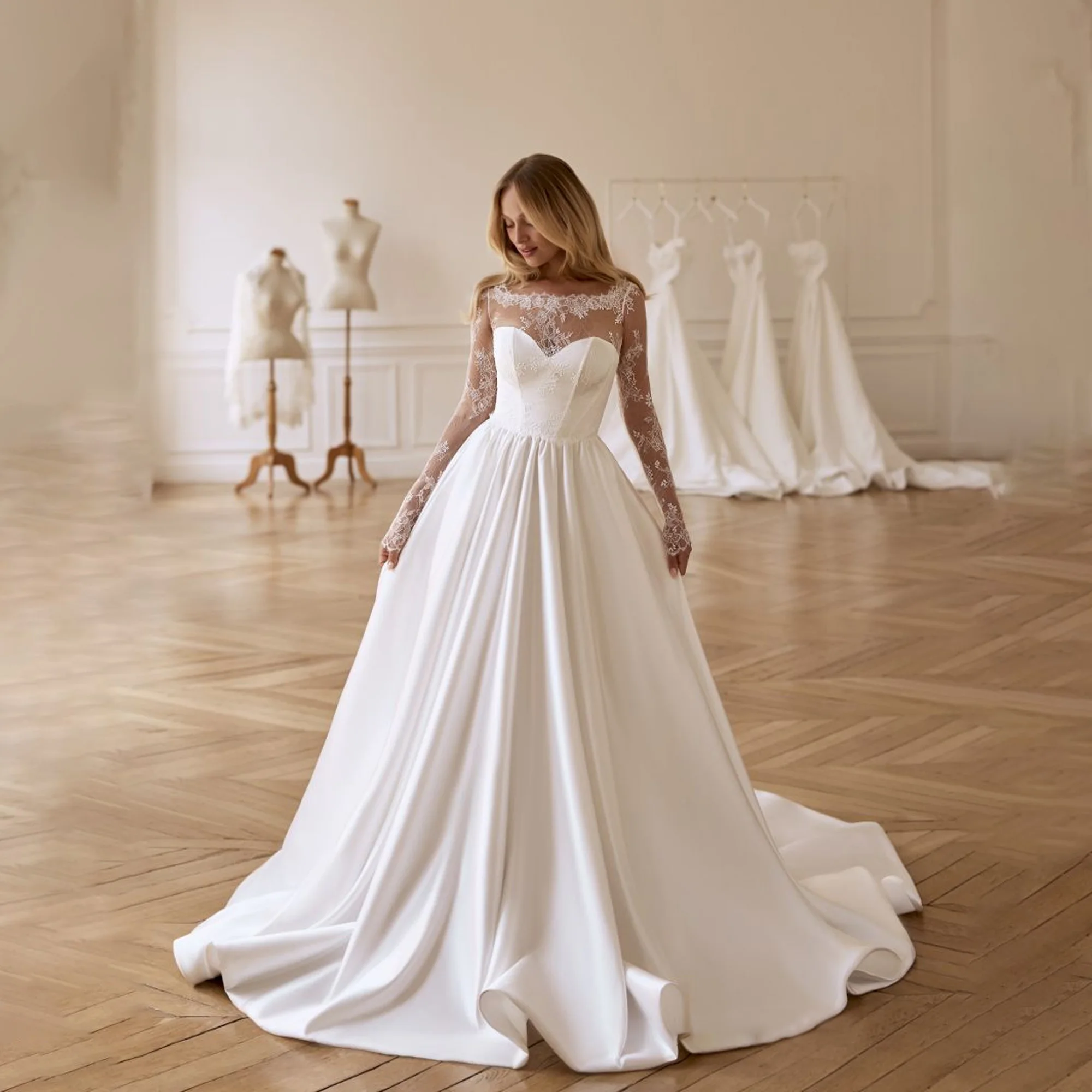 Elegant Satin Wedding Dresses Lace Boat Neck Detachable Sleeve A-Line Bride Gowns With Pocket Vestido De Novia Customized