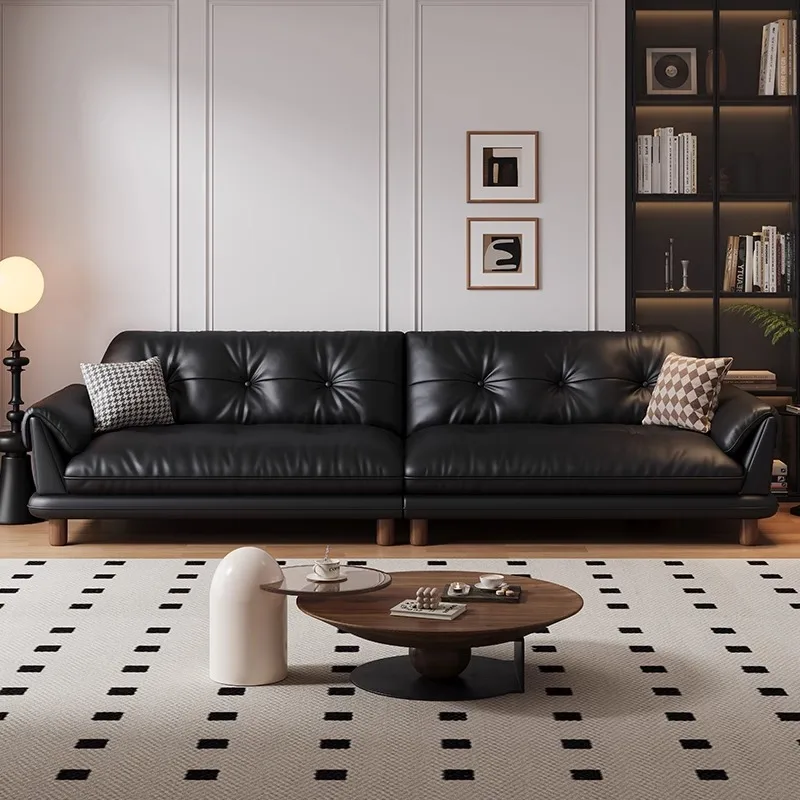 Straight row small apartment retro black solid wood layer cowhide sofa