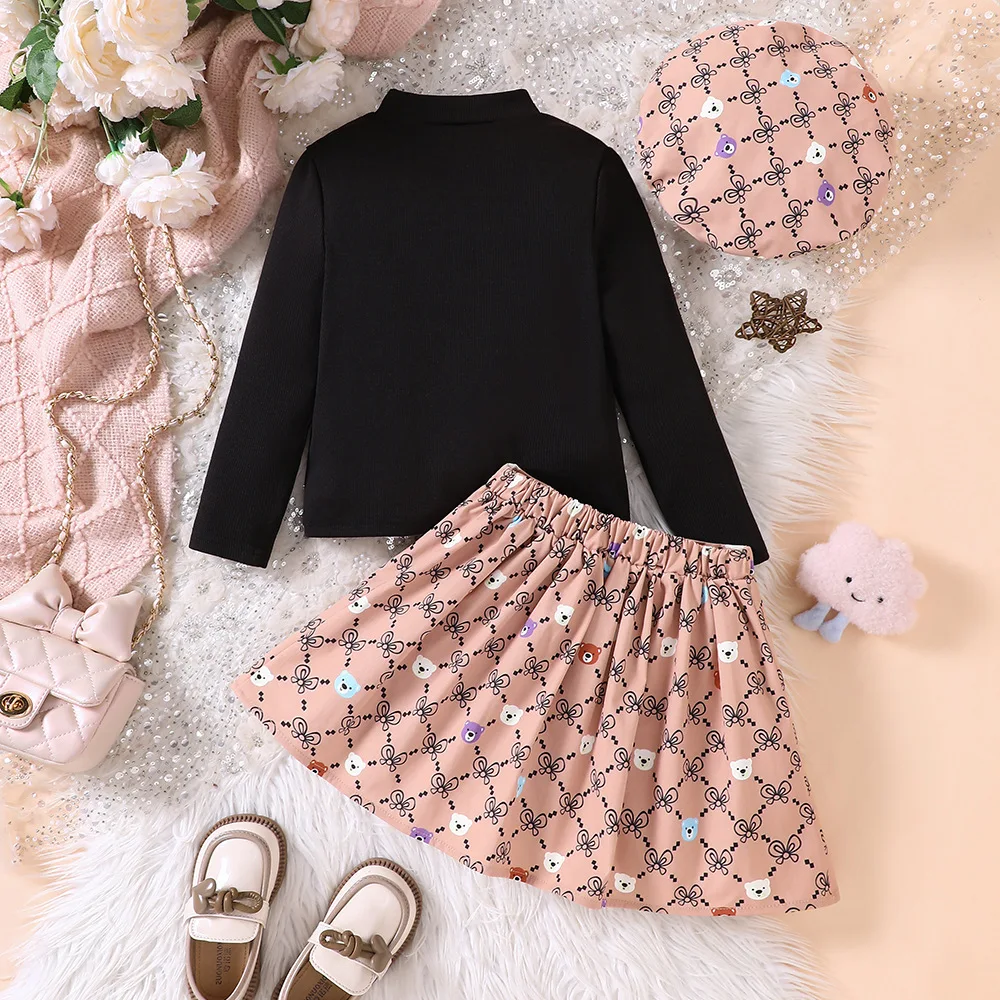 2024 Clothing Set Girls Long Sleeve O Neck Print Heart T-shirt Print Bear Pink Skirts 2 Pcs Sets Casual Girls Clothes Set 2-7T