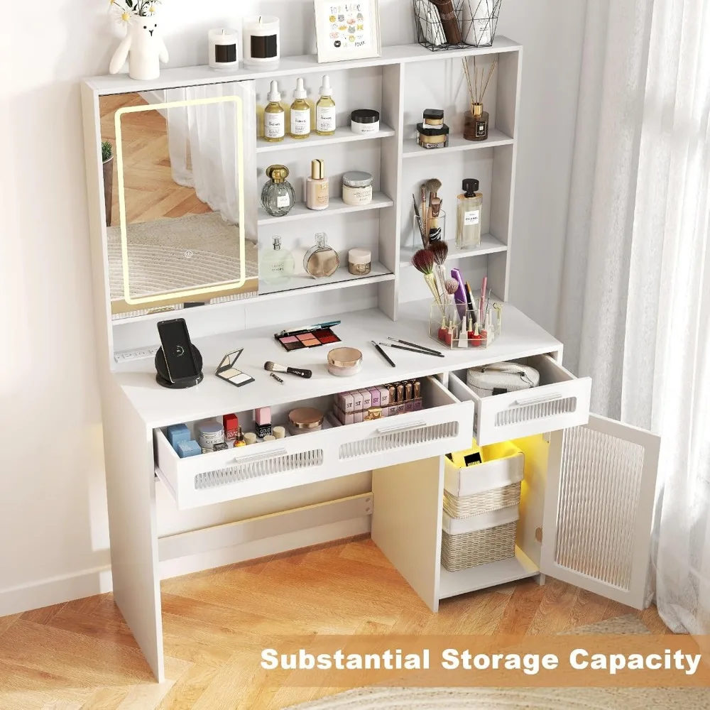 مكتب مكياج بإضاءة LED مع مخرج طاقة، ودرجين و10 أرفف تخزين لتنظيم التجميل #5