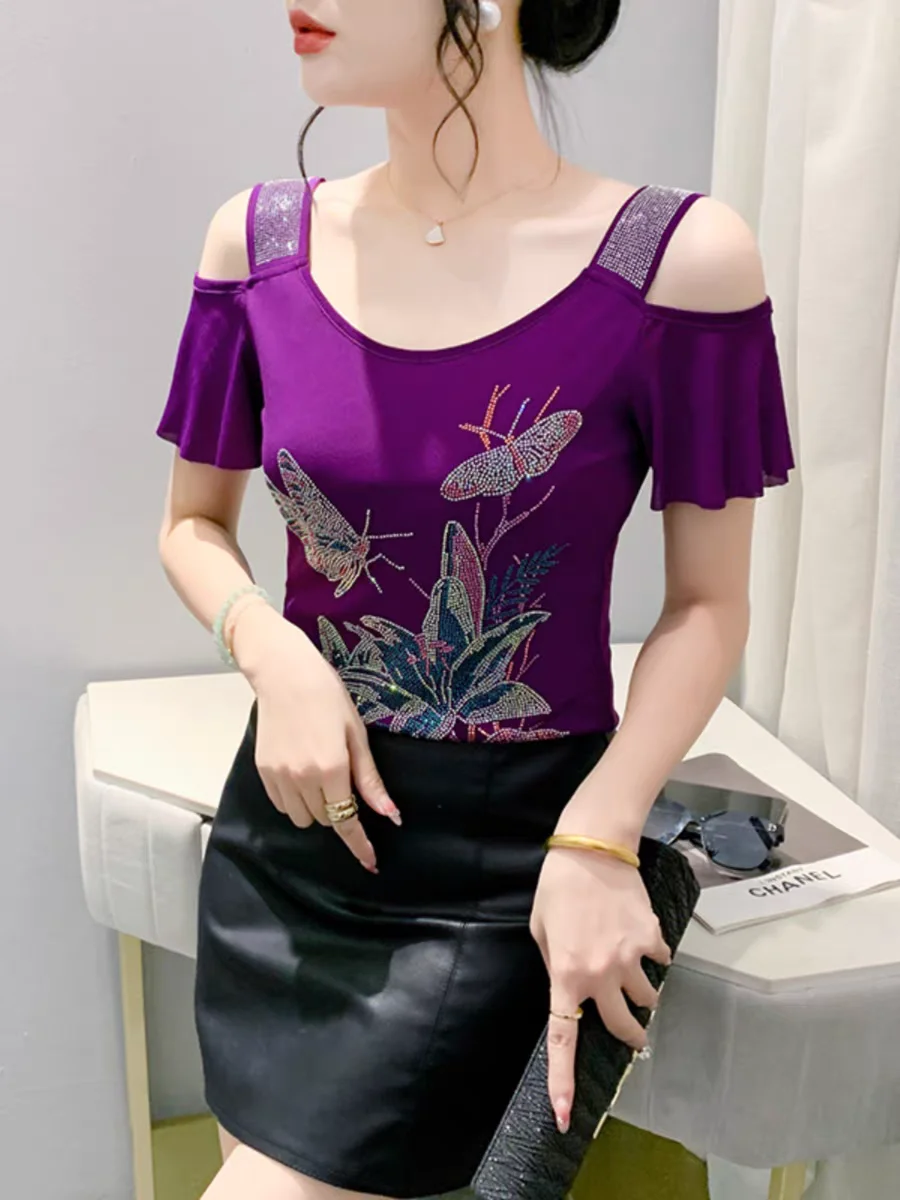 Letnie damskie koszulki z krótkim rękawem damskie rozciągliwa siateczka z odkrytymi diamentami na ramionach koszulki z kwiatami