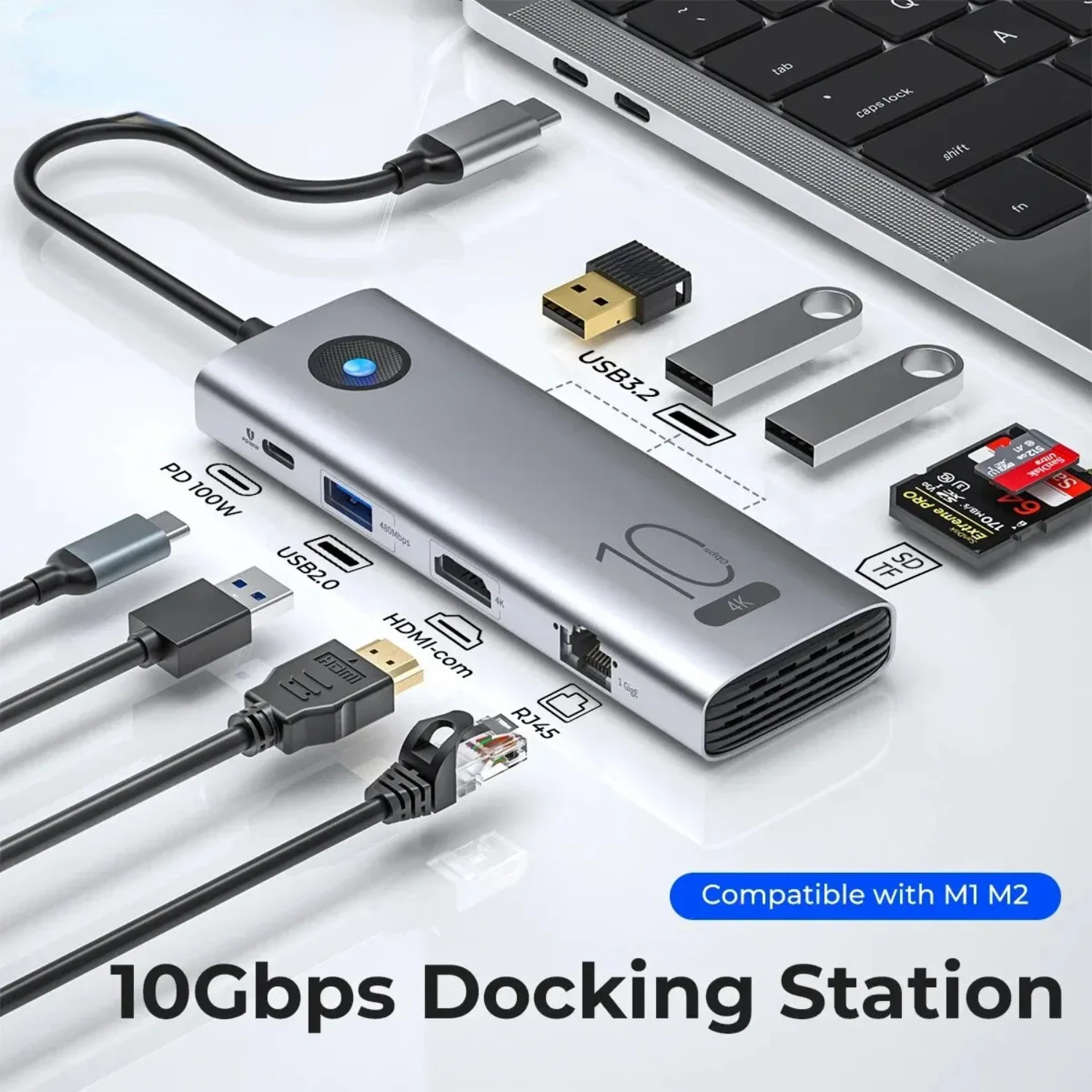 

-Type C Docking Station 10Gbps 4K60Hz, -Compatible USB 3.0 2.0 HUB RJ45 PD100W Adapter Card Reader Laptop Accessories