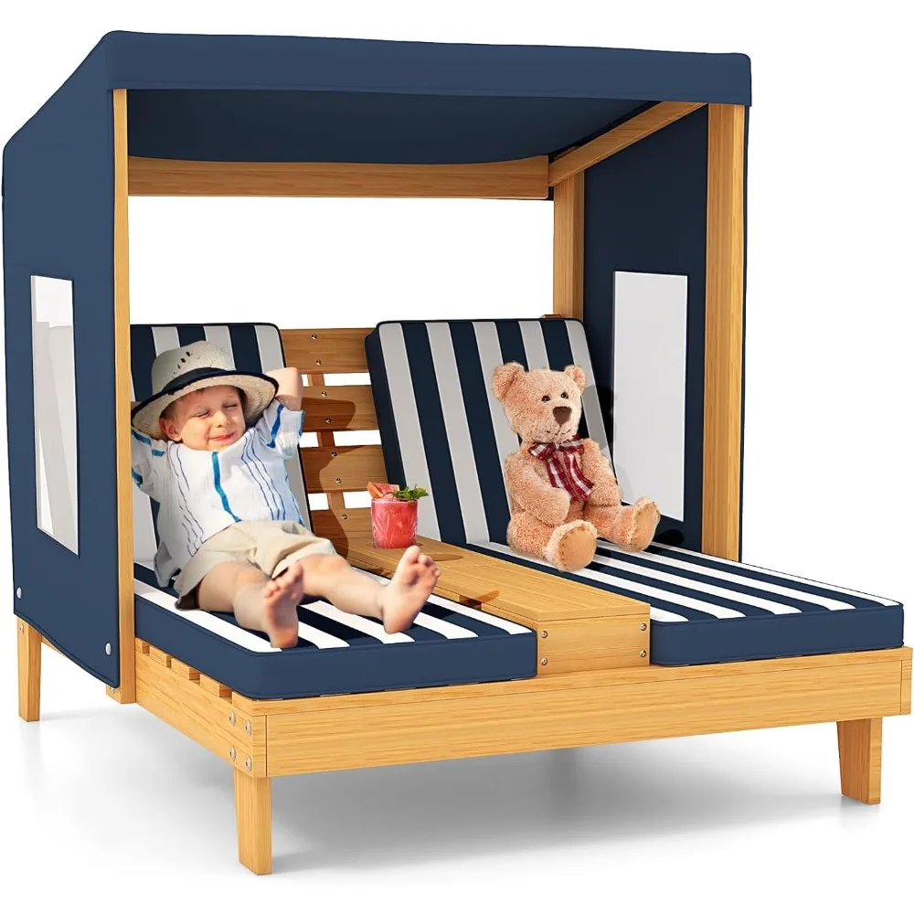 Costzon Kids Lounge Chair Outdoor, Wood Double Seat Chaise Lounge with Canopy, Cup Holders, Cushion, Backrest Recliner