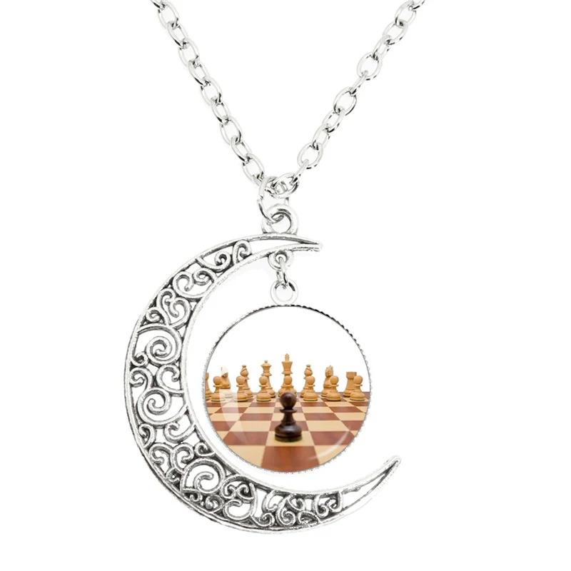 Fashion Chess Moon Necklace Chessboard Chess Piece Glass Dome Pendant Car Chess Lovers Gift Jewelry