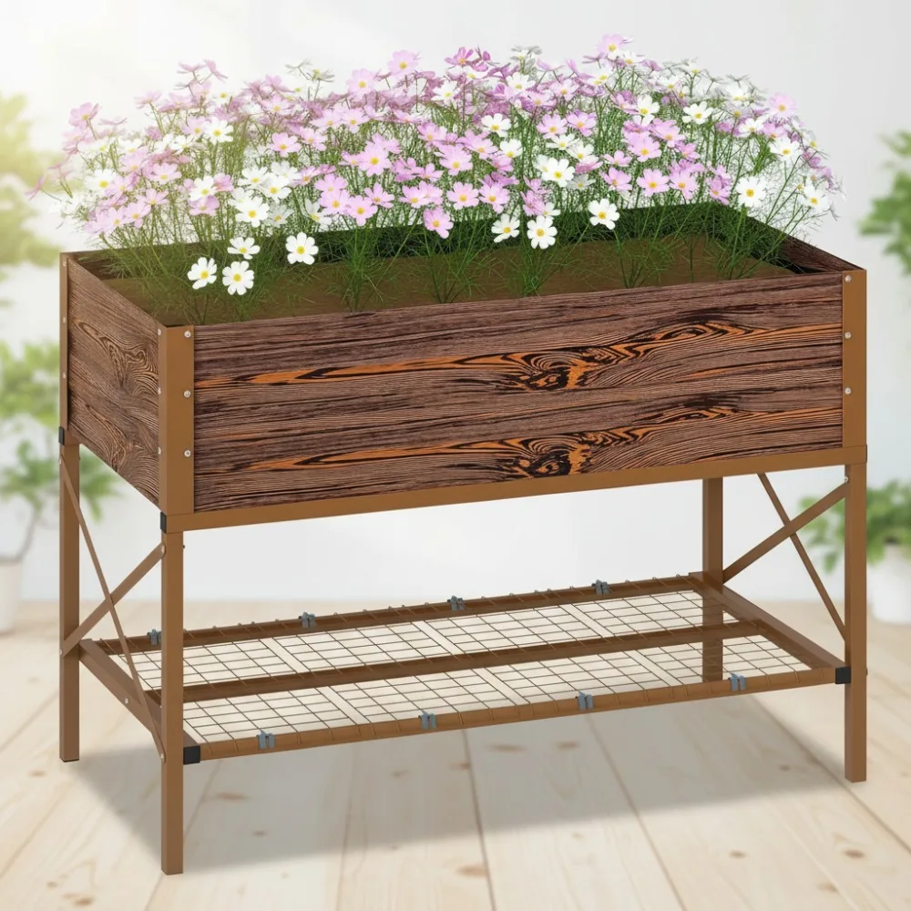 

Elevated Raised Garden Bed with Steel Frame & Storage Shelf - Deep Planter Box for Vegetables Flowers Herbs