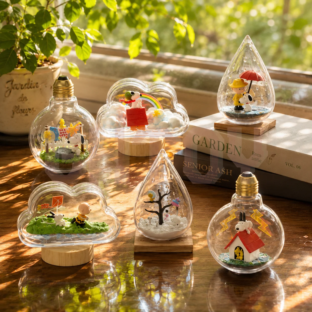 Snoopy Weather Terrarium Mini Figure Cute Cartoon Dog Diorama Display Box Desktop Ornament Collectible Toy Gift for Kids Girls