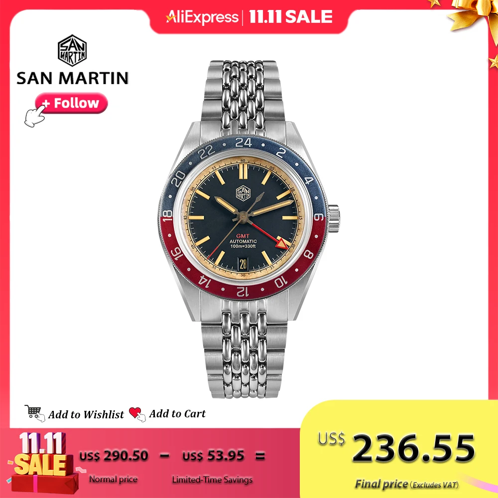 Orologio San Martin Design invecchiato 39,5 mm Vintage da uomo GMT NH34 Movimento automatico con bracciale in acciaio di riso reloj hombre SN0116